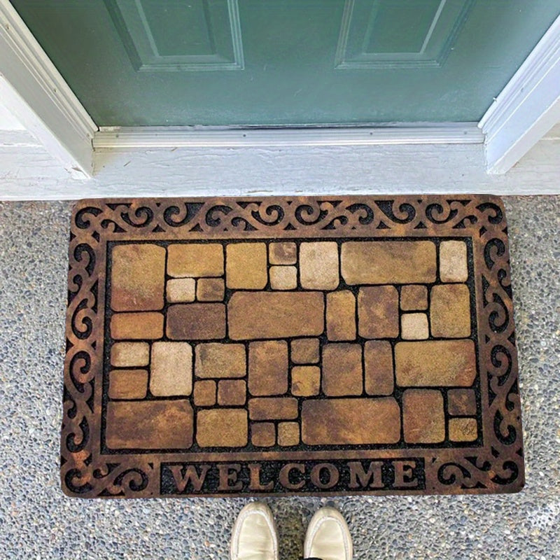 Thick sponge door mat with brick pattern design, machine washable and absorbent. Perfect for use in the living room, bedroom, kitchen, or outdoor spaces. Add a touch of decor to your home with this versatile bath rug.