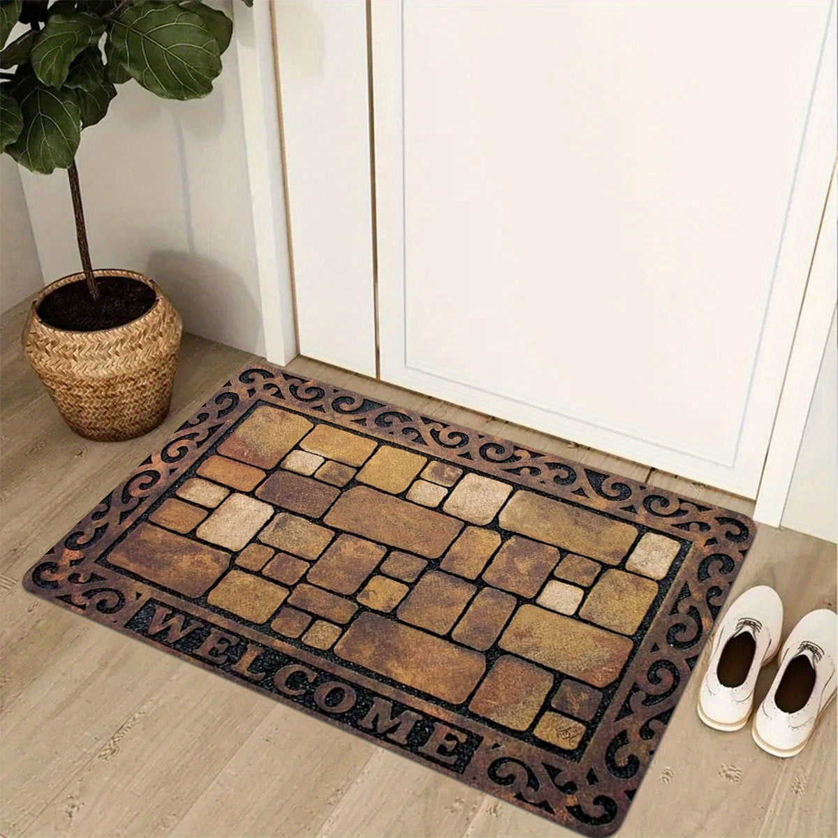 Thick sponge door mat with brick pattern design, machine washable and absorbent. Perfect for use in the living room, bedroom, kitchen, or outdoor spaces. Add a touch of decor to your home with this versatile bath rug.