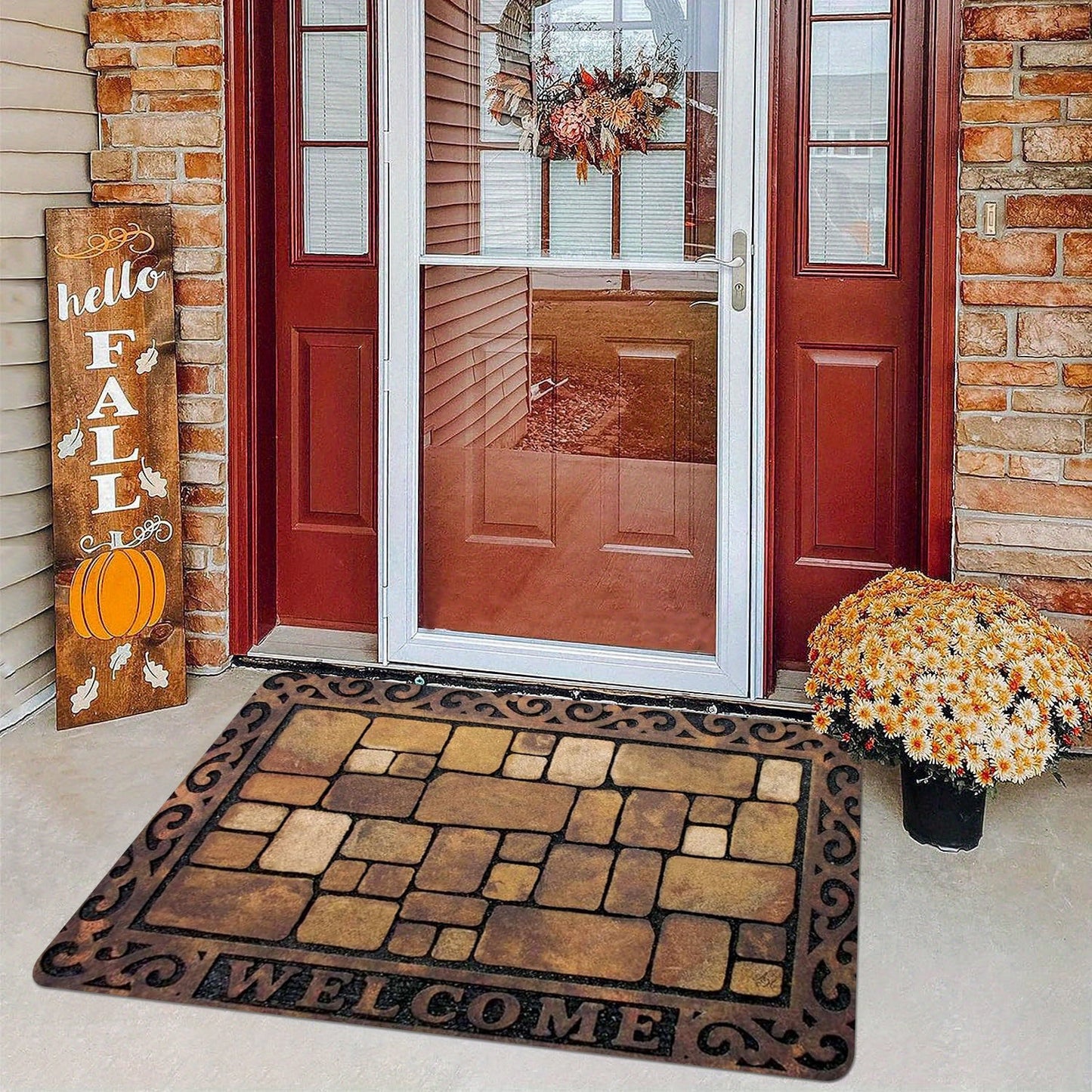 Thick sponge door mat with brick pattern design, machine washable and absorbent. Perfect for use in the living room, bedroom, kitchen, or outdoor spaces. Add a touch of decor to your home with this versatile bath rug.