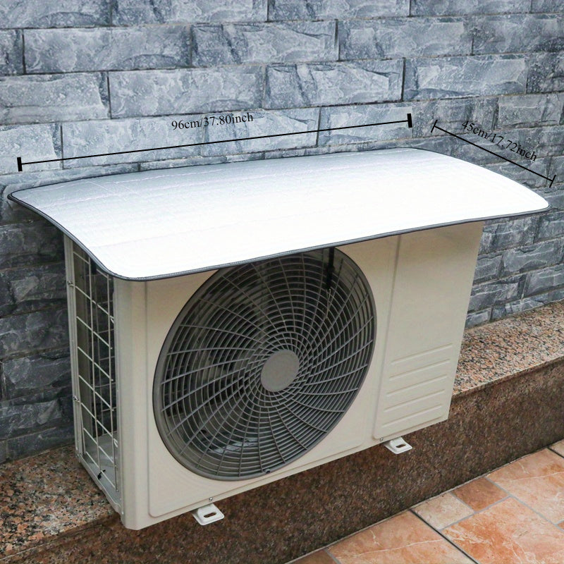 Outdoor air conditioner cover with magnetic closure, weatherproof and sun-resistant with strong magnets, no power required, fits all outdoor AC units.