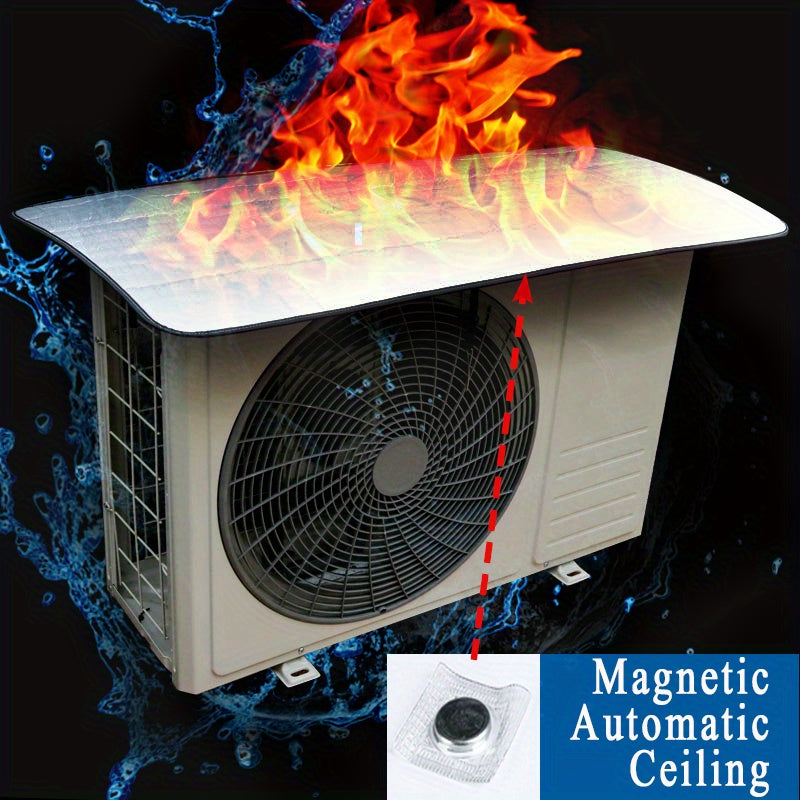 Outdoor air conditioner cover with magnetic closure, weatherproof and sun-resistant with strong magnets, no power required, fits all outdoor AC units.