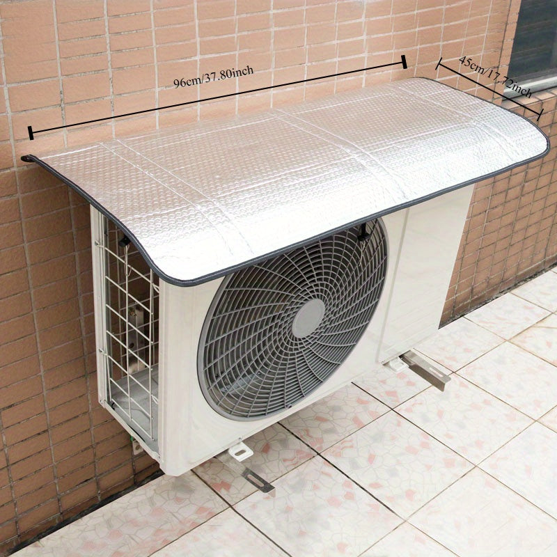 Outdoor air conditioner cover with magnetic closure, weatherproof and sun-resistant with strong magnets, no power required, fits all outdoor AC units.