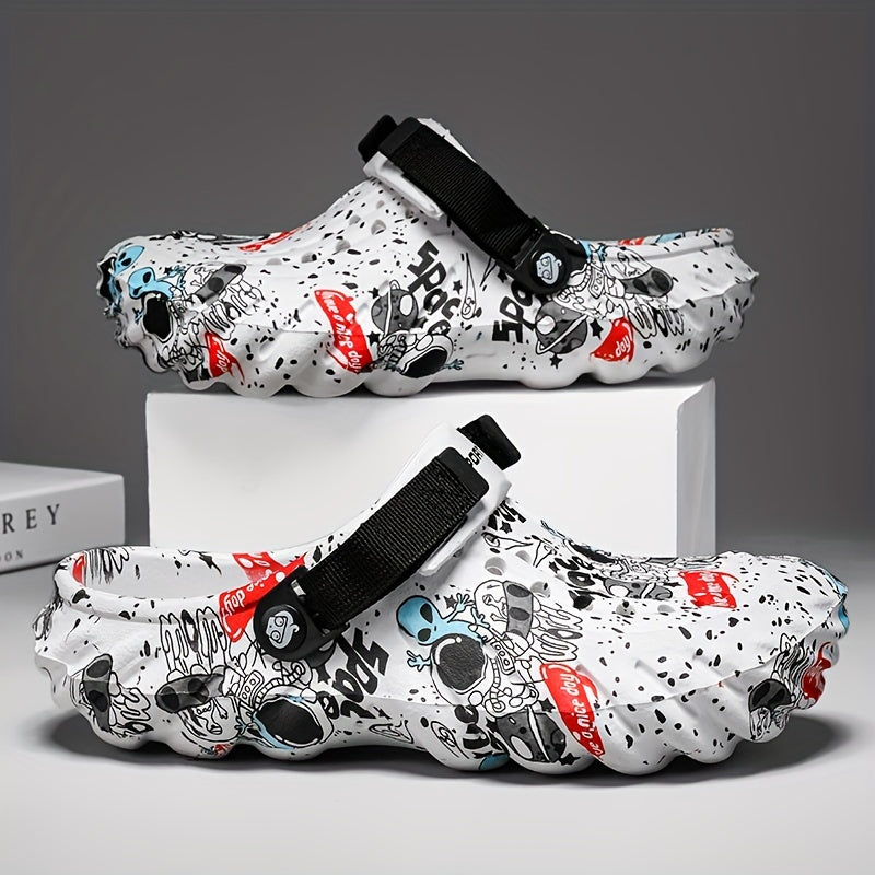 Colorful graffiti print clogs made of lightweight EVA material, perfect for summer outdoor activities. Suitable for both men and women.