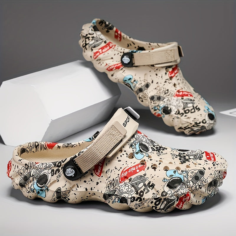 Colorful graffiti print clogs made of lightweight EVA material, perfect for summer outdoor activities. Suitable for both men and women.