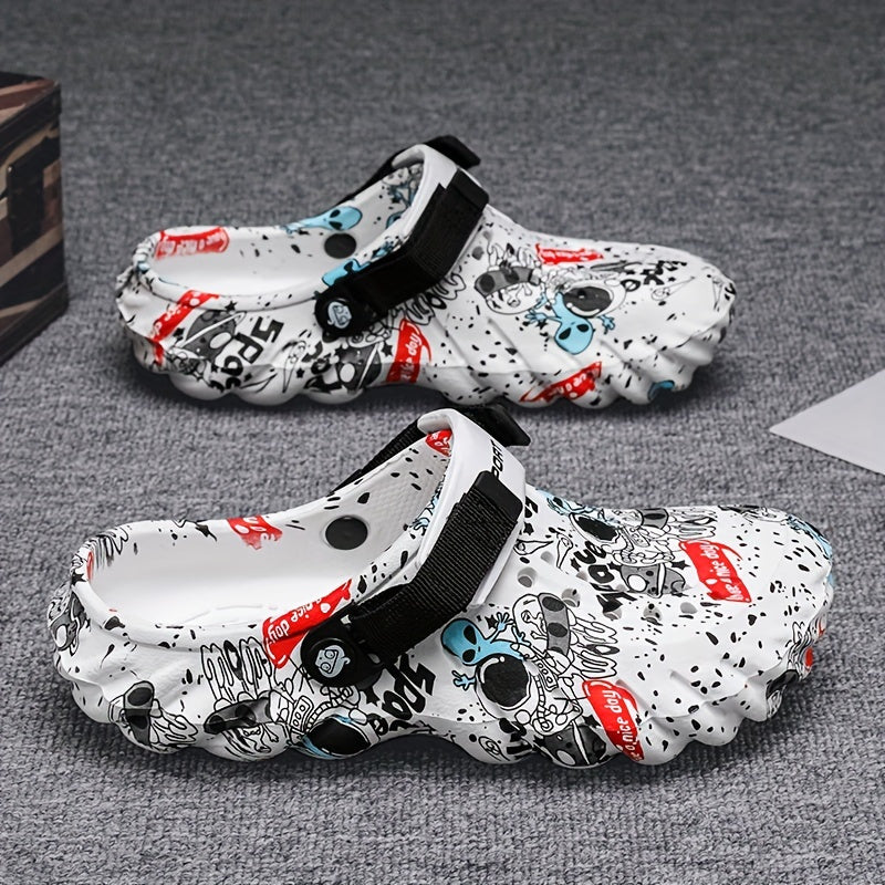 Colorful graffiti print clogs made of lightweight EVA material, perfect for summer outdoor activities. Suitable for both men and women.