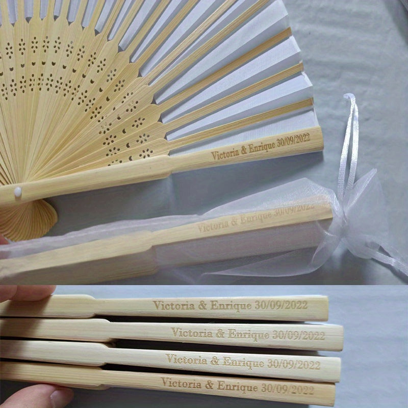 100 units of customized engraved elegant white silk hand fans with gift bag for weddings and parties