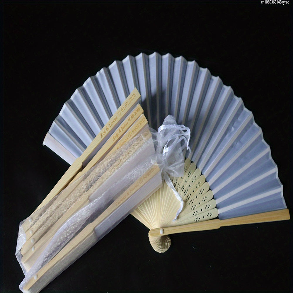 100 units of customized engraved elegant white silk hand fans with gift bag for weddings and parties