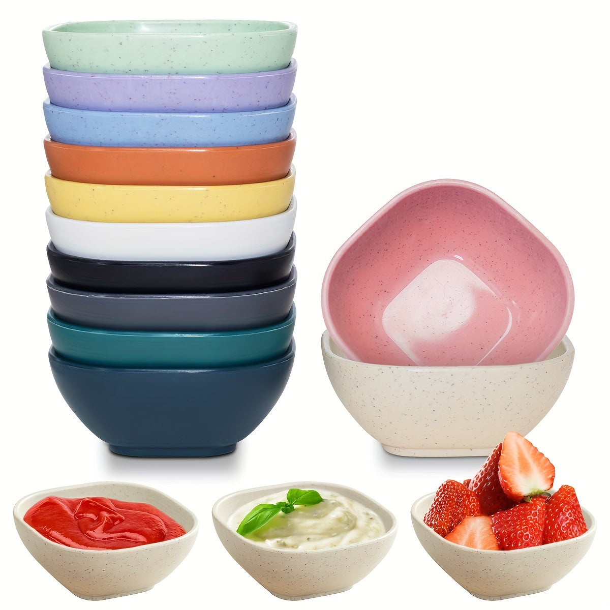 1. Set of 8 square dipping bowls for sauces and condiments made of durable plastic, suitable for home, restaurants, and food trucks.