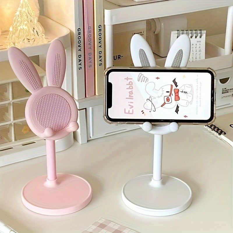 Versatile cute rabbit phone stand made of durable ABS material with adjustable height and stable grip. Universally compatible with Apple, Huawei, Samsung, Xiaomi, and more. Convenient and