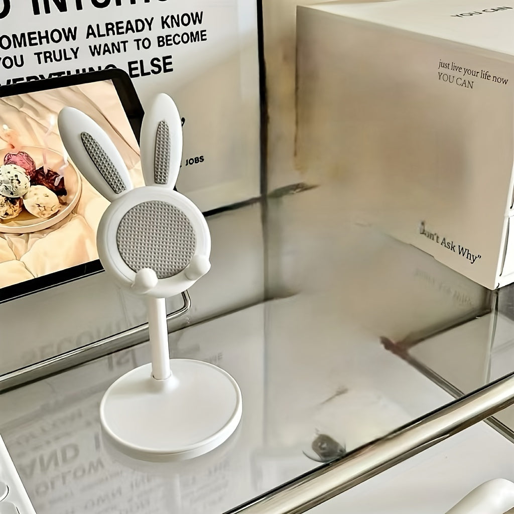 Versatile cute rabbit phone stand made of durable ABS material with adjustable height and stable grip. Universally compatible with Apple, Huawei, Samsung, Xiaomi, and more. Convenient and