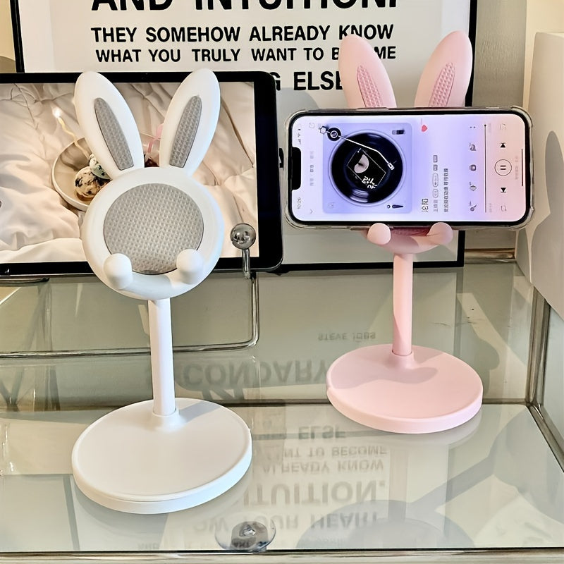 Versatile cute rabbit phone stand made of durable ABS material with adjustable height and stable grip. Universally compatible with Apple, Huawei, Samsung, Xiaomi, and more. Convenient and