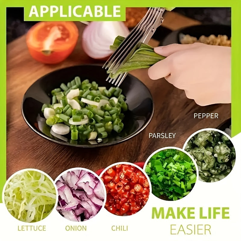 Multi-layer kitchen shears made of stainless steel for cutting herbs and green onions. These ergonomic metal shredder scissors come with a safety cover and easy-clean design.