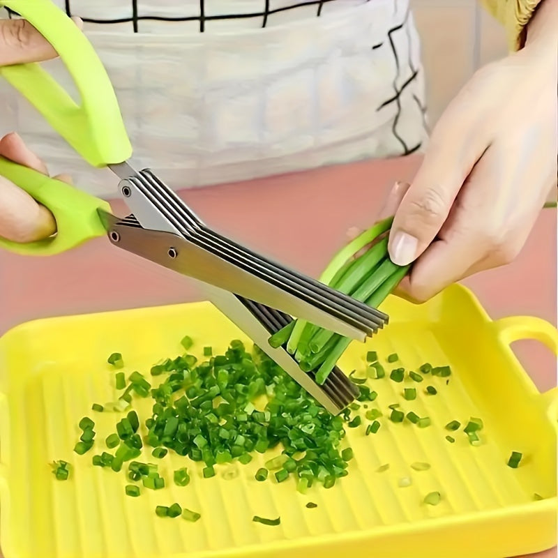 Multi-layer kitchen shears made of stainless steel for cutting herbs and green onions. These ergonomic metal shredder scissors come with a safety cover and easy-clean design.