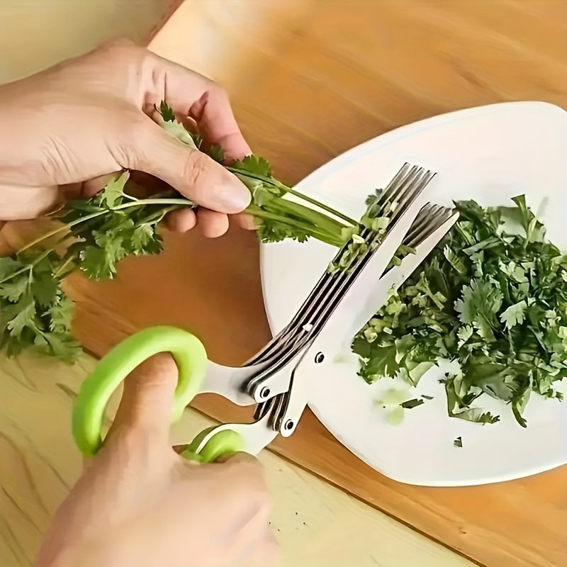 Multi-layer kitchen shears made of stainless steel for cutting herbs and green onions. These ergonomic metal shredder scissors come with a safety cover and easy-clean design.