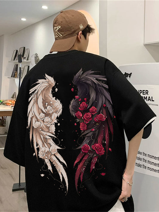 Oversized cotton t-shirt with vintage-inspired rose and wings print for men and women.