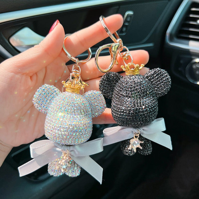 Stylish Rhinestone Crown Bear Keychain adorned with a Bow - Adorable Cartoon Doll Pendant for Handbags & Vehicles, Ideal Present for Ladies, Ferocious Bear, Key Holder