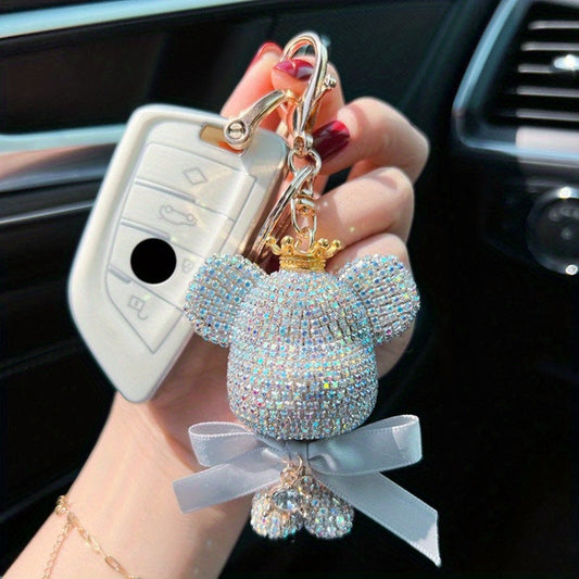 Stylish Rhinestone Crown Bear Keychain adorned with a Bow - Adorable Cartoon Doll Pendant for Handbags & Vehicles, Ideal Present for Ladies, Ferocious Bear, Key Holder