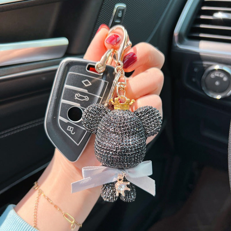 Stylish Rhinestone Crown Bear Keychain adorned with a Bow - Adorable Cartoon Doll Pendant for Handbags & Vehicles, Ideal Present for Ladies, Ferocious Bear, Key Holder