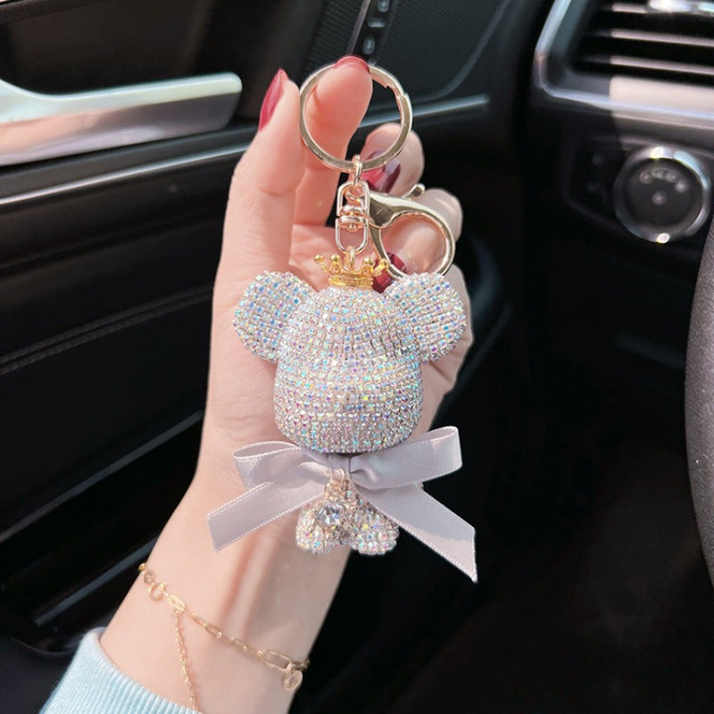 Stylish Rhinestone Crown Bear Keychain adorned with a Bow - Adorable Cartoon Doll Pendant for Handbags & Vehicles, Ideal Present for Ladies, Ferocious Bear, Key Holder