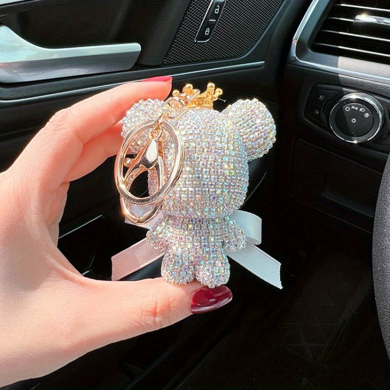 Stylish Rhinestone Crown Bear Keychain adorned with a Bow - Adorable Cartoon Doll Pendant for Handbags & Vehicles, Ideal Present for Ladies, Ferocious Bear, Key Holder