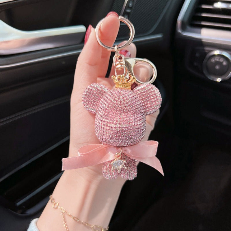 Stylish Rhinestone Crown Bear Keychain adorned with a Bow - Adorable Cartoon Doll Pendant for Handbags & Vehicles, Ideal Present for Ladies, Ferocious Bear, Key Holder