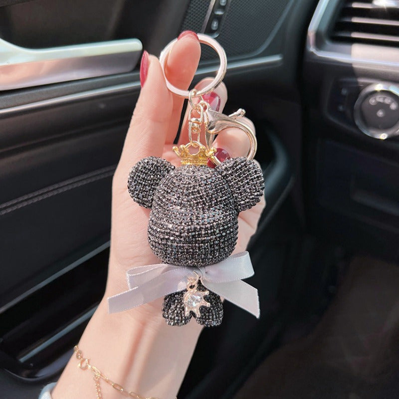 Stylish Rhinestone Crown Bear Keychain adorned with a Bow - Adorable Cartoon Doll Pendant for Handbags & Vehicles, Ideal Present for Ladies, Ferocious Bear, Key Holder