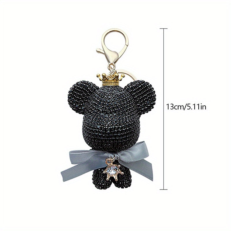 Stylish Rhinestone Crown Bear Keychain adorned with a Bow - Adorable Cartoon Doll Pendant for Handbags & Vehicles, Ideal Present for Ladies, Ferocious Bear, Key Holder