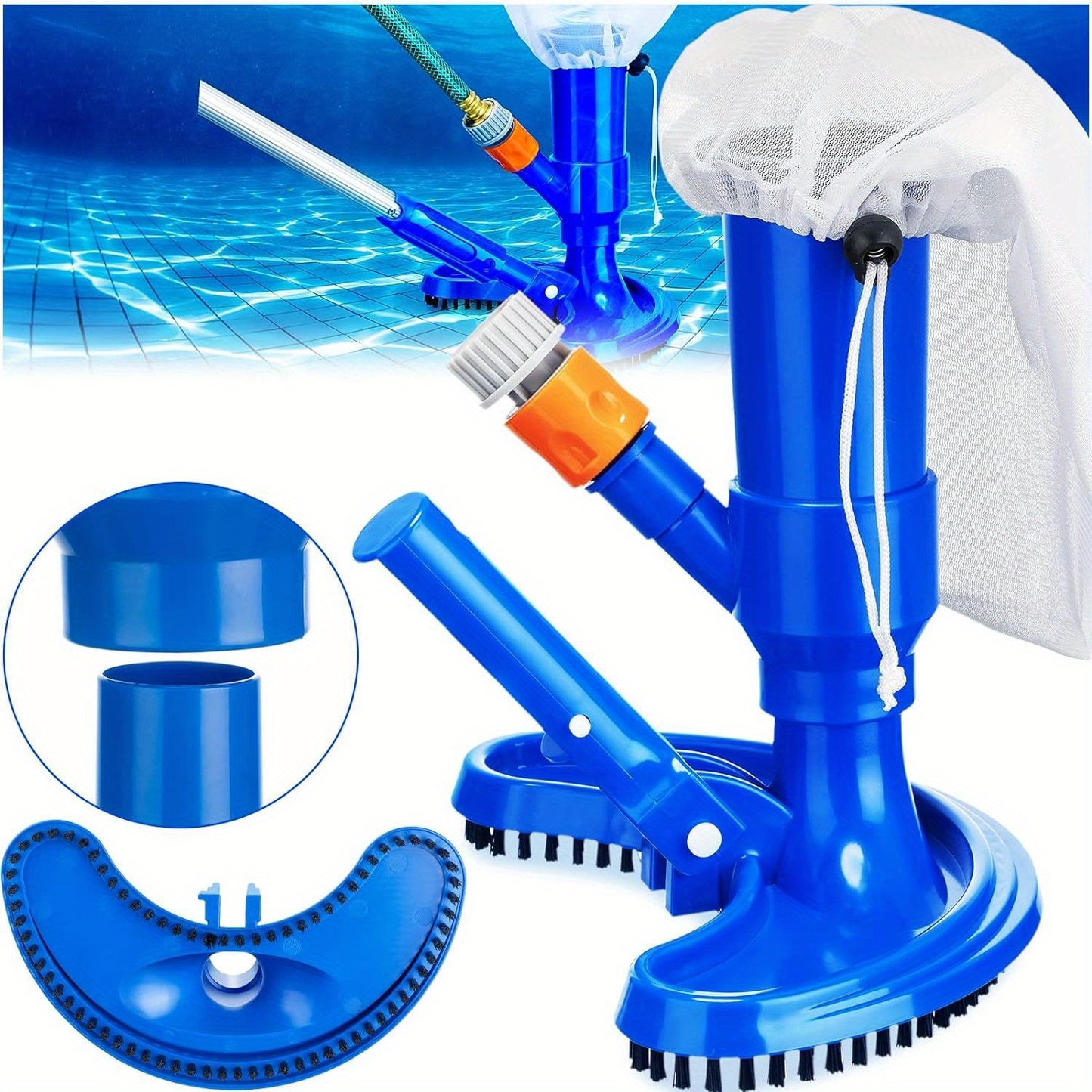 ABS plastic swimming pool vacuum with handheld sweeper, jet, leaf picker, brush, hose connector, and carrying bag for above ground pools.