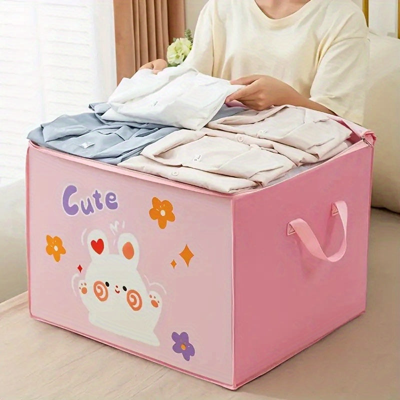 Foldable Storage Organizer with Zipper - Plastic, Cute Cartoon Design, Freestanding, Moisture-Proof Bins for Clothes, Quilts, Luggage - Multipurpose with Double Handle