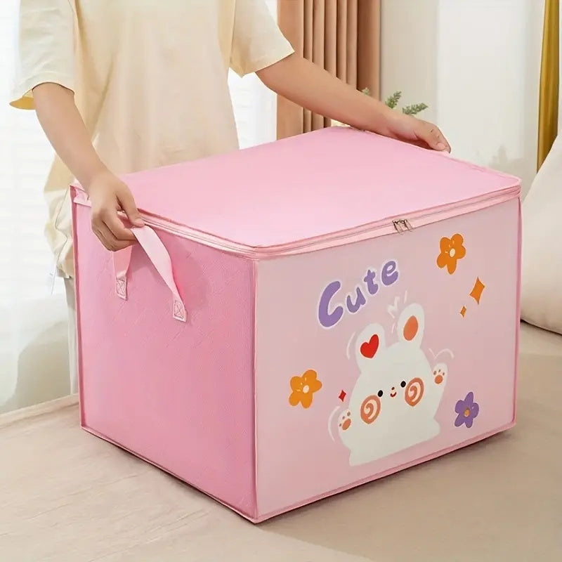 Foldable Storage Organizer with Zipper - Plastic, Cute Cartoon Design, Freestanding, Moisture-Proof Bins for Clothes, Quilts, Luggage - Multipurpose with Double Handle