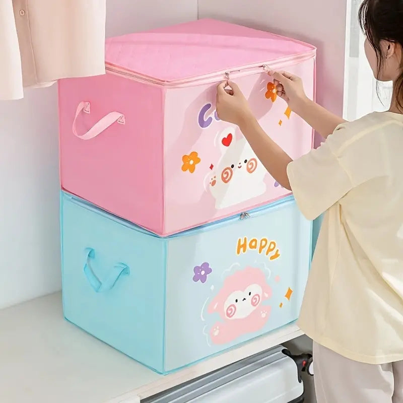 Foldable Storage Organizer with Zipper - Plastic, Cute Cartoon Design, Freestanding, Moisture-Proof Bins for Clothes, Quilts, Luggage - Multipurpose with Double Handle