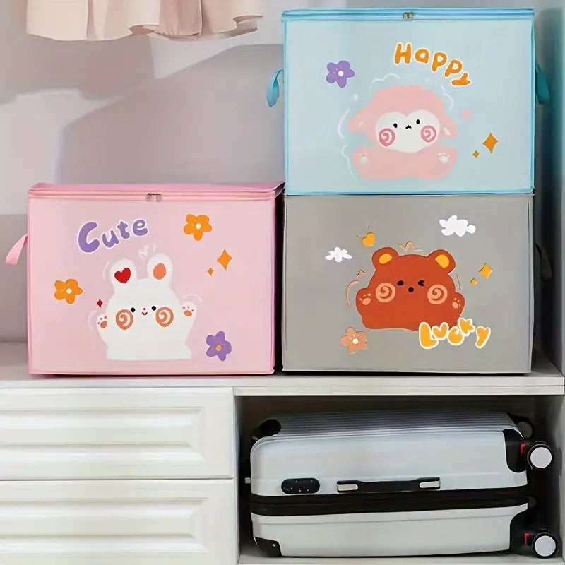 Foldable Storage Organizer with Zipper - Plastic, Cute Cartoon Design, Freestanding, Moisture-Proof Bins for Clothes, Quilts, Luggage - Multipurpose with Double Handle