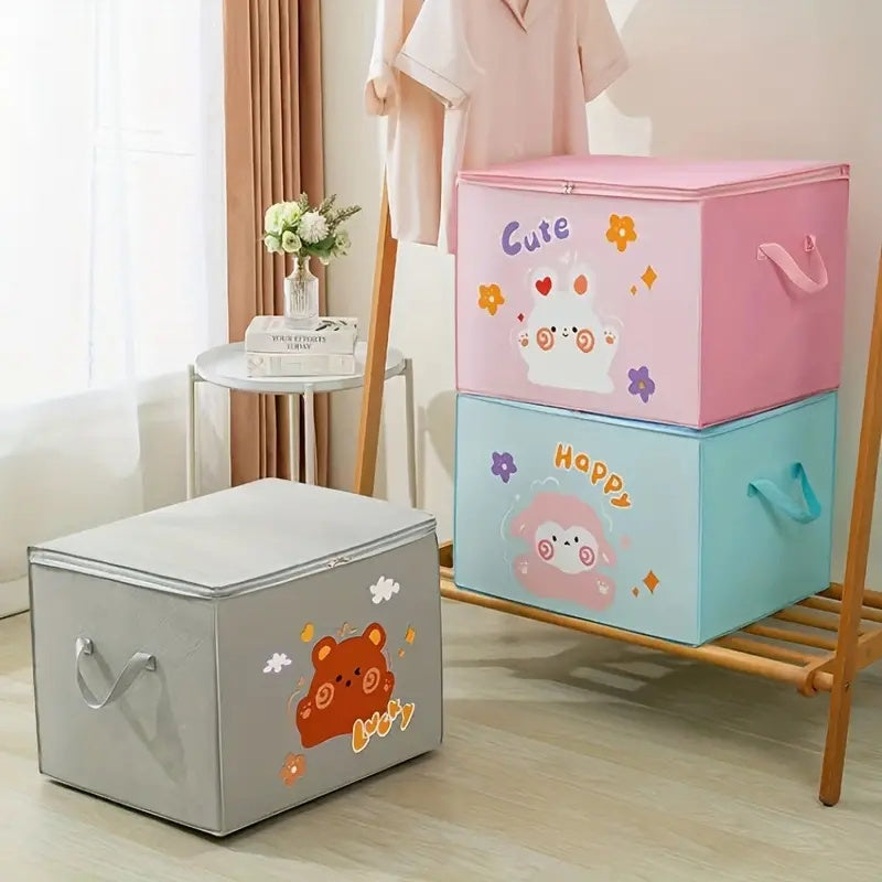 Foldable Storage Organizer with Zipper - Plastic, Cute Cartoon Design, Freestanding, Moisture-Proof Bins for Clothes, Quilts, Luggage - Multipurpose with Double Handle