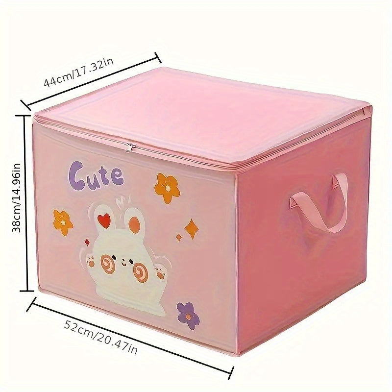 Foldable Storage Organizer with Zipper - Plastic, Cute Cartoon Design, Freestanding, Moisture-Proof Bins for Clothes, Quilts, Luggage - Multipurpose with Double Handle