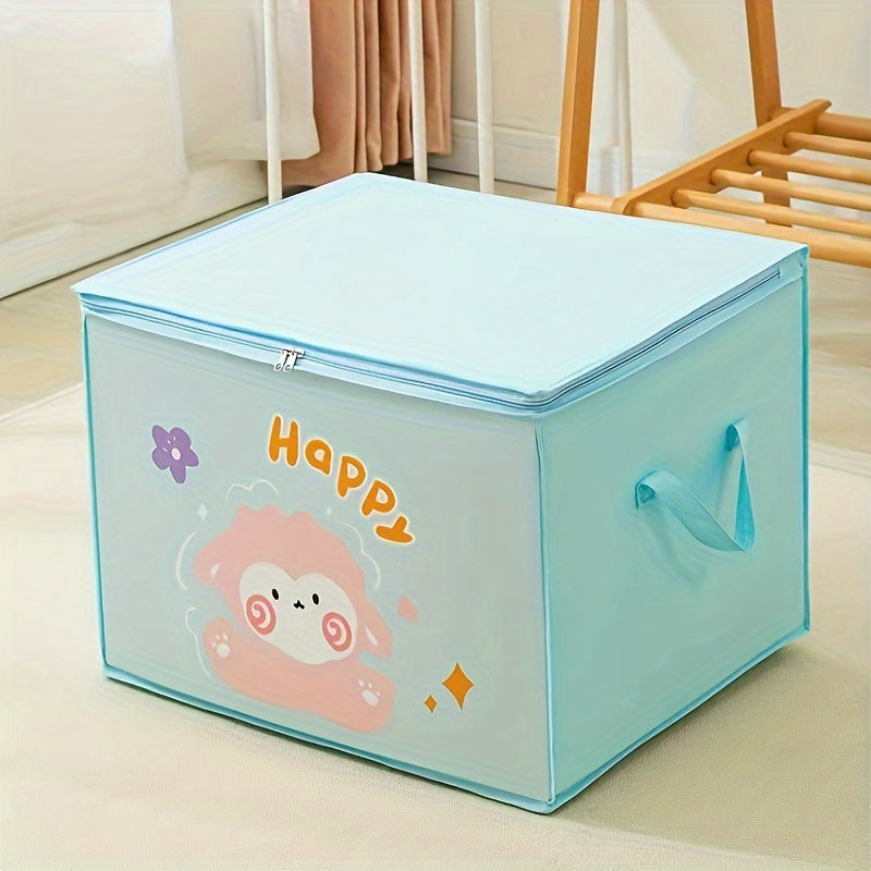 Large fabric storage bins featuring adorable cartoon designs, equipped with zipper closures and spacious capacity for clothes and quilts. These bins are moisture-proof and mildew-resistant, suitable for individuals aged 14 and older. Ideal for moving and