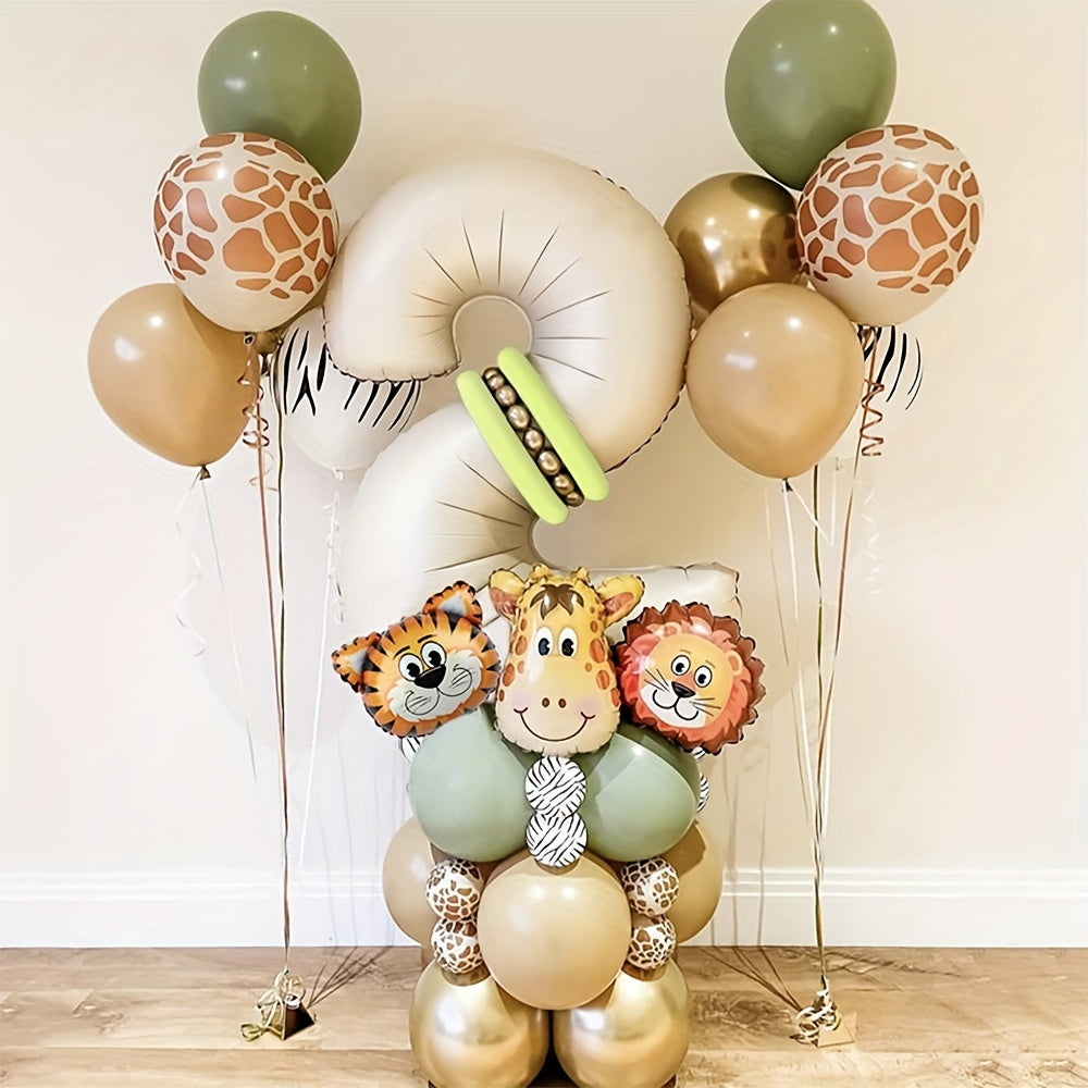 40-piece Safari Animal Balloon Garland Set includes Lion, Tiger, Giraffe foil balloons, number balloons for various occasions - no electricity required.