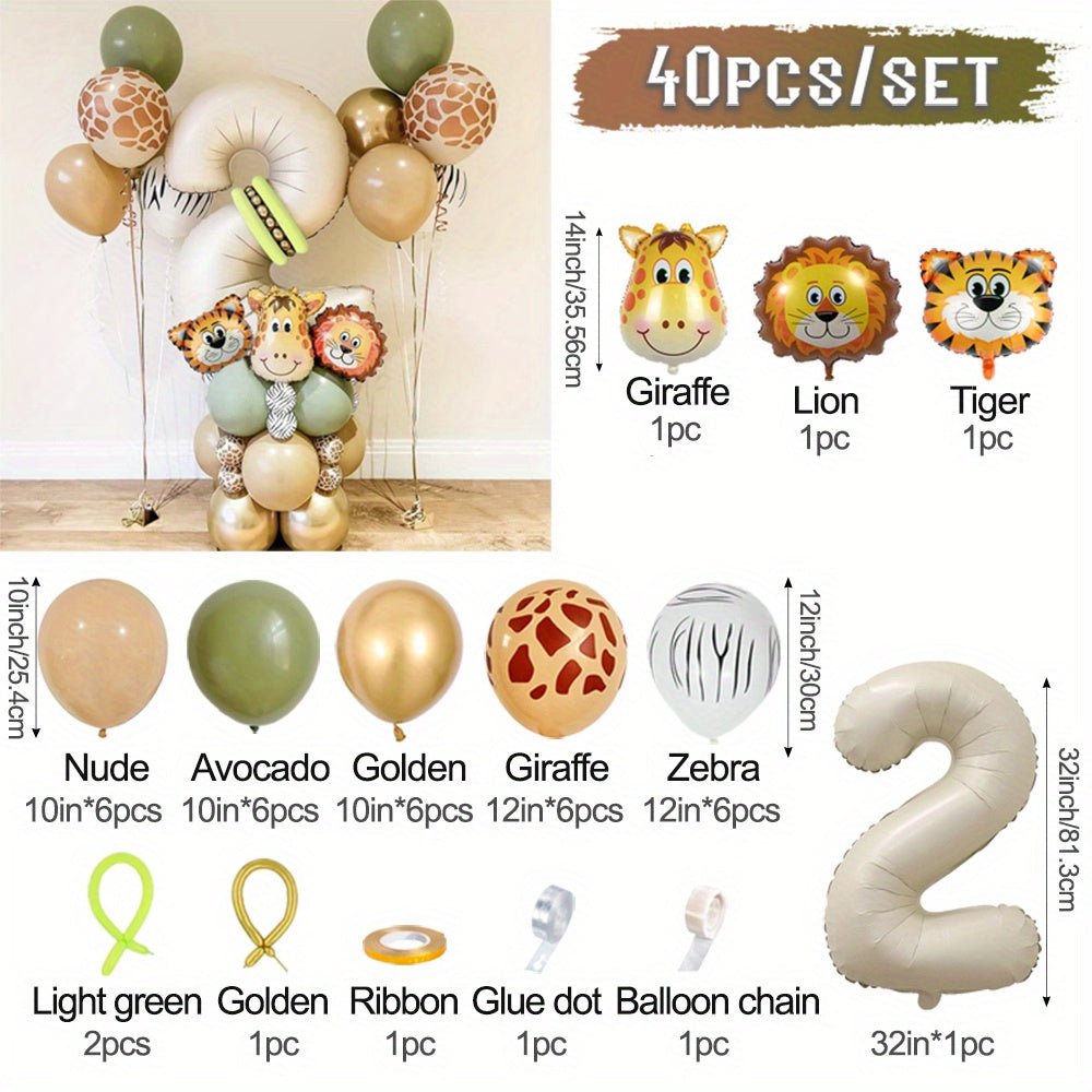 40-piece Safari Animal Balloon Garland Set includes Lion, Tiger, Giraffe foil balloons, number balloons for various occasions - no electricity required.