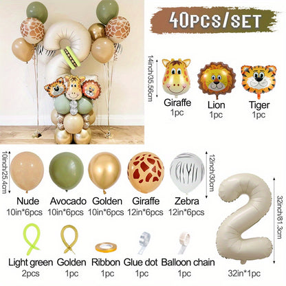 40-piece Safari Animal Balloon Garland Set includes Lion, Tiger, Giraffe foil balloons, number balloons for various occasions - no electricity required.