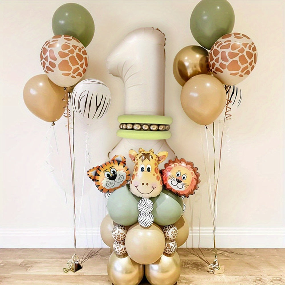 40-piece Safari Animal Balloon Garland Set includes Lion, Tiger, Giraffe foil balloons, number balloons for various occasions - no electricity required.