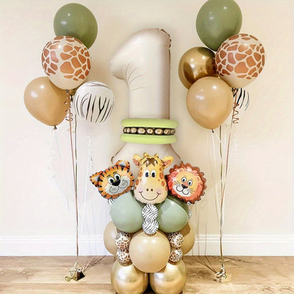 40-piece Safari Animal Balloon Garland Set includes Lion, Tiger, Giraffe foil balloons, number balloons for various occasions - no electricity required.