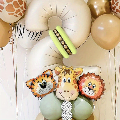 40-piece Safari Animal Balloon Garland Set includes Lion, Tiger, Giraffe foil balloons, number balloons for various occasions - no electricity required.