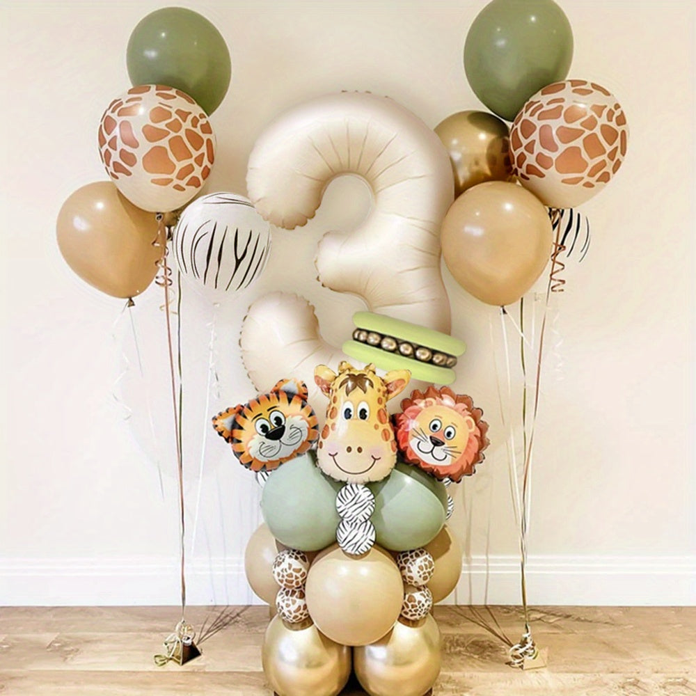 40-piece Safari Animal Balloon Garland Set includes Lion, Tiger, Giraffe foil balloons, number balloons for various occasions - no electricity required.