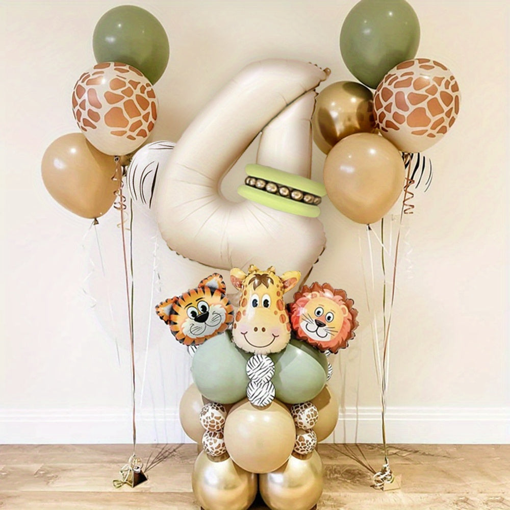 40-piece Safari Animal Balloon Garland Set includes Lion, Tiger, Giraffe foil balloons, number balloons for various occasions - no electricity required.