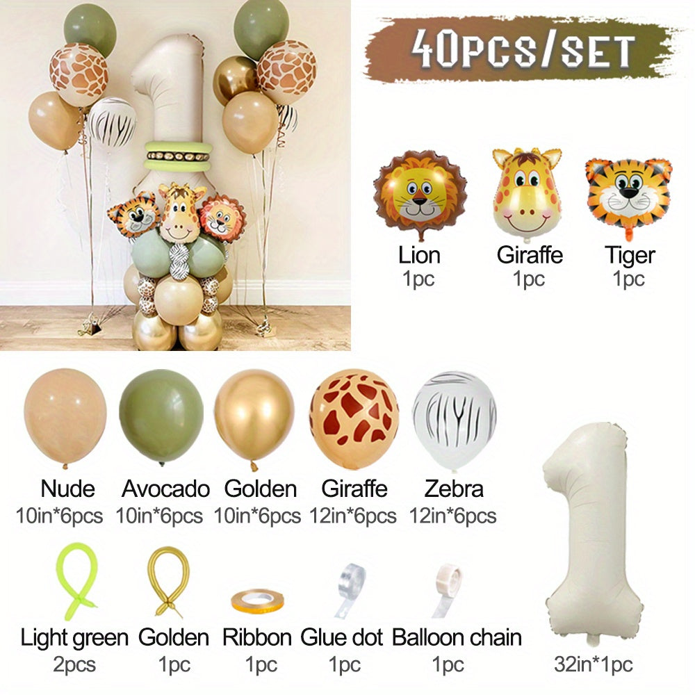 40-piece Safari Animal Balloon Garland Set includes Lion, Tiger, Giraffe foil balloons, number balloons for various occasions - no electricity required.