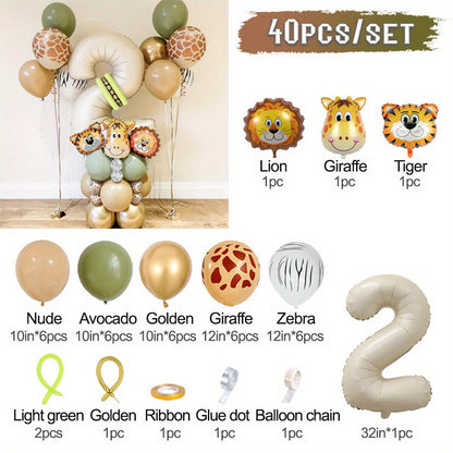 40-piece Safari Animal Balloon Garland Set includes Lion, Tiger, Giraffe foil balloons, number balloons for various occasions - no electricity required.