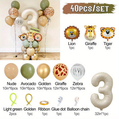 40-piece Safari Animal Balloon Garland Set includes Lion, Tiger, Giraffe foil balloons, number balloons for various occasions - no electricity required.