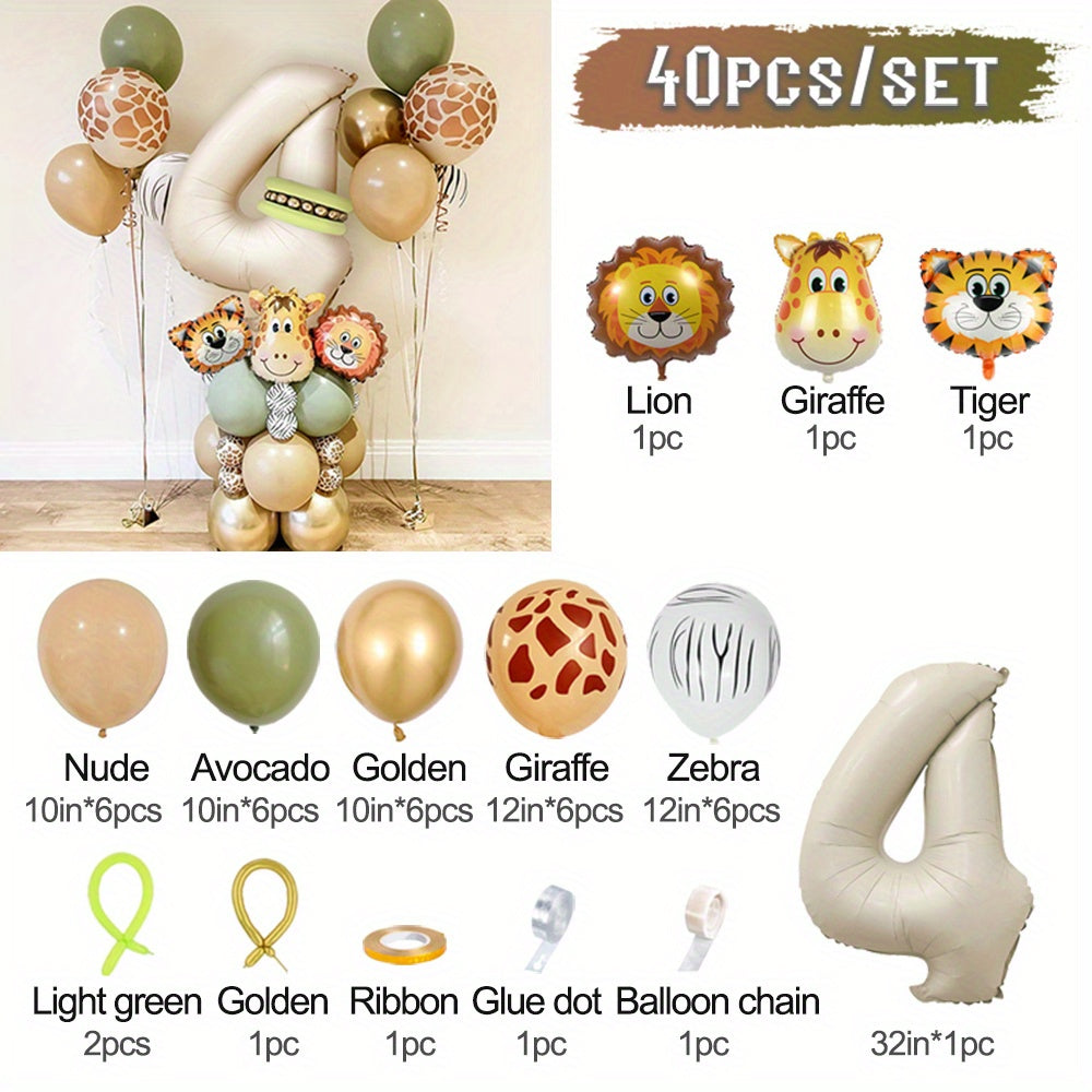 40-piece Safari Animal Balloon Garland Set includes Lion, Tiger, Giraffe foil balloons, number balloons for various occasions - no electricity required.