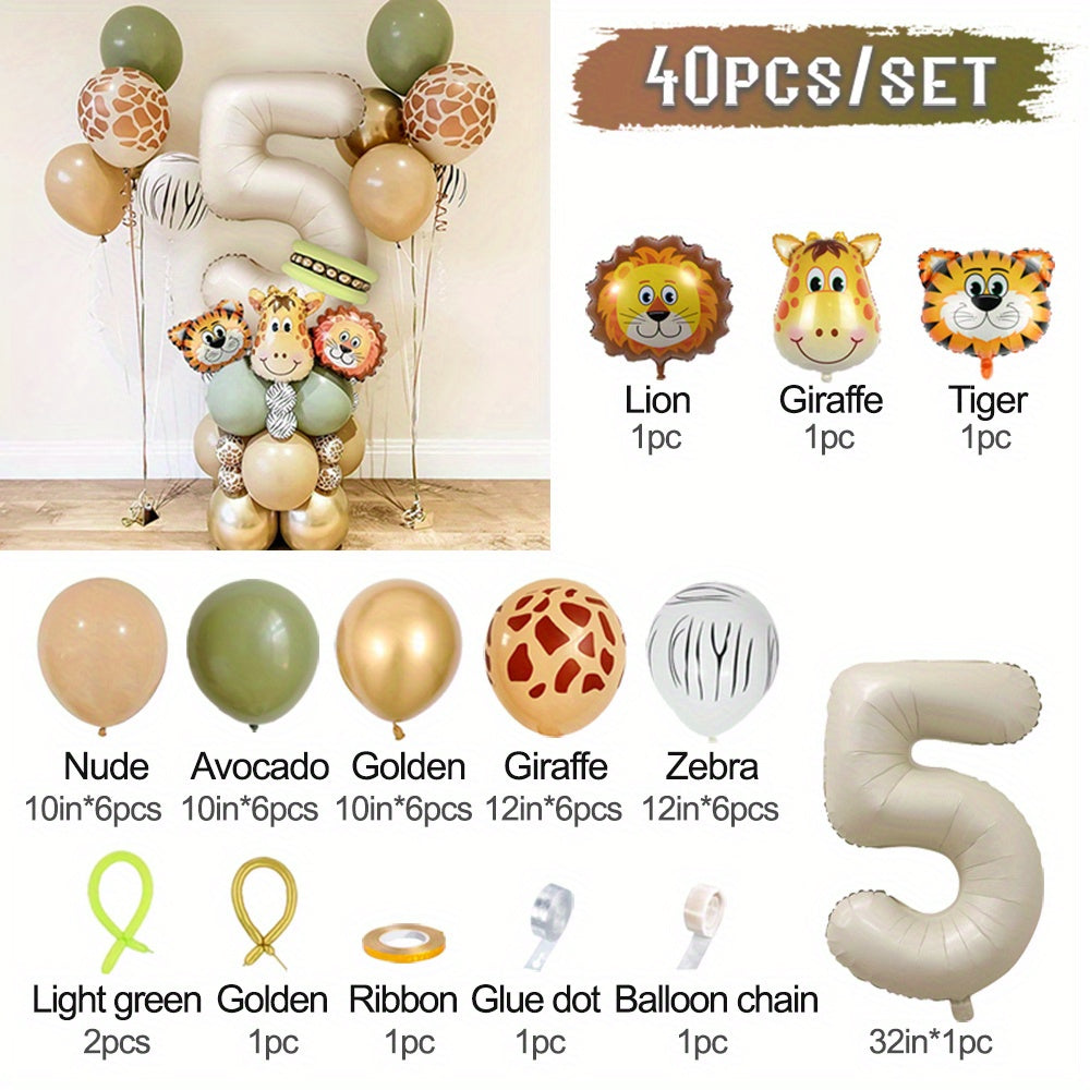 40-piece Safari Animal Balloon Garland Set includes Lion, Tiger, Giraffe foil balloons, number balloons for various occasions - no electricity required.