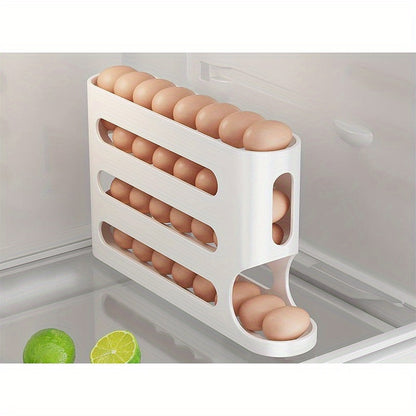 Rolling egg holder for refrigerator with large capacity, stackable and BPA-free. No batteries needed.