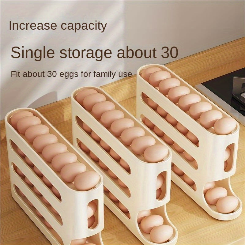 Rolling egg holder for refrigerator with large capacity, stackable and BPA-free. No batteries needed.